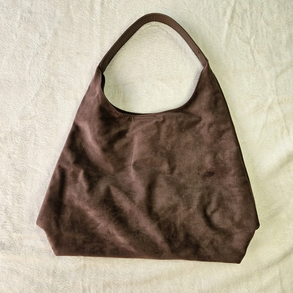 Brown Suede Look Hobo Shoulder Bag Slouchy Minimalist Purse Medium - Picture 2 of 6